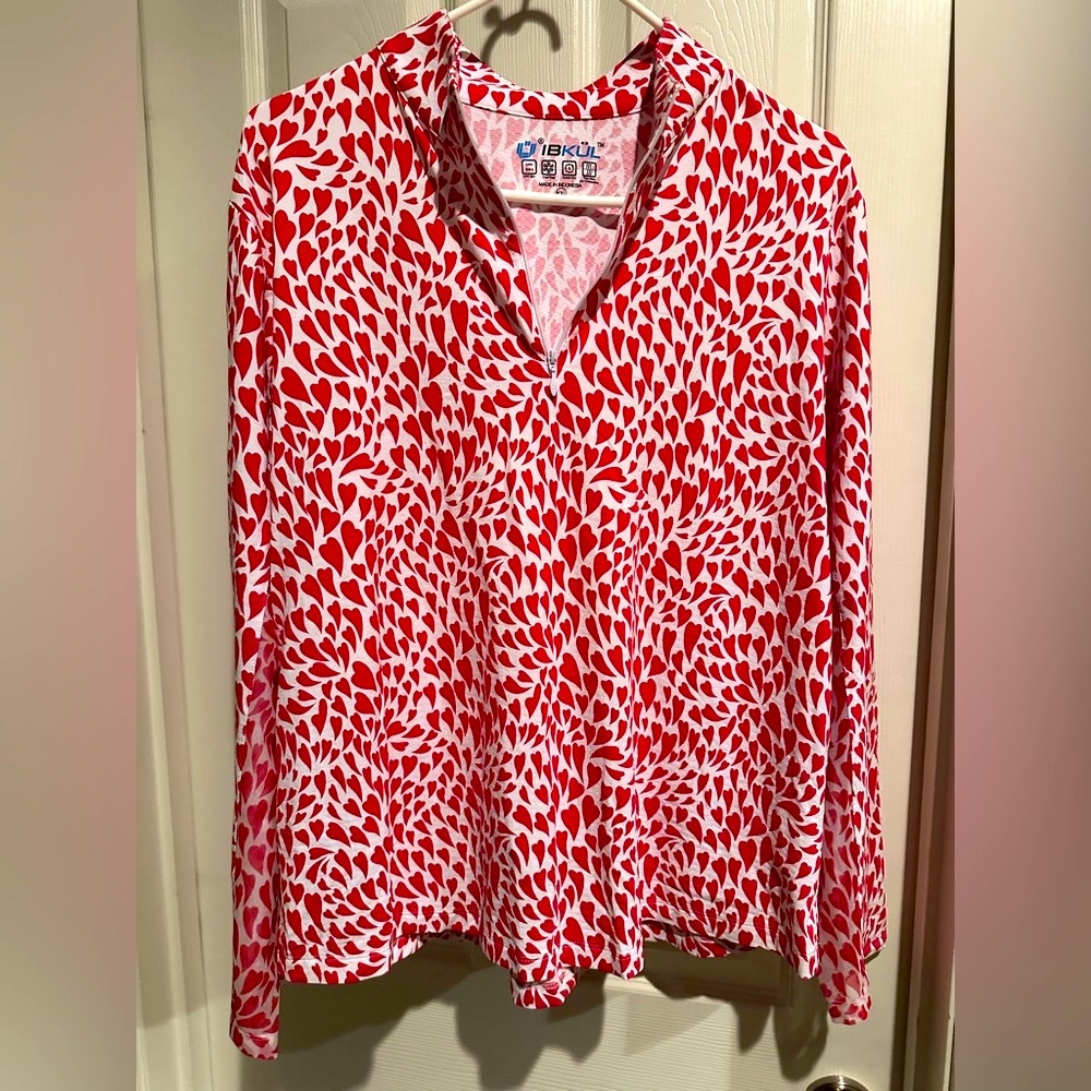 IBKUL Red and White Long Sleeve Notched Collar Blouse